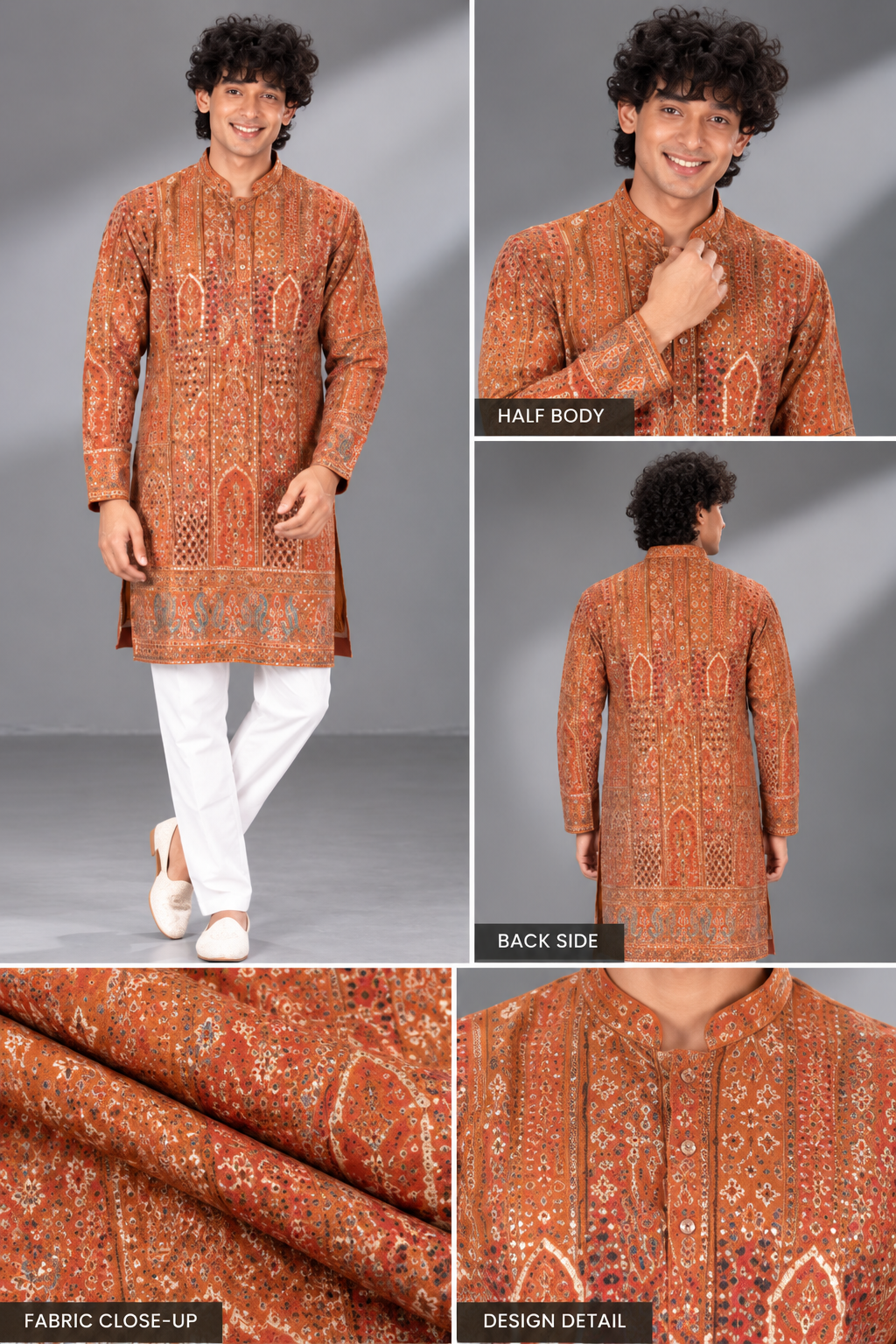 Rust Orange Embroidered Festive Kurta