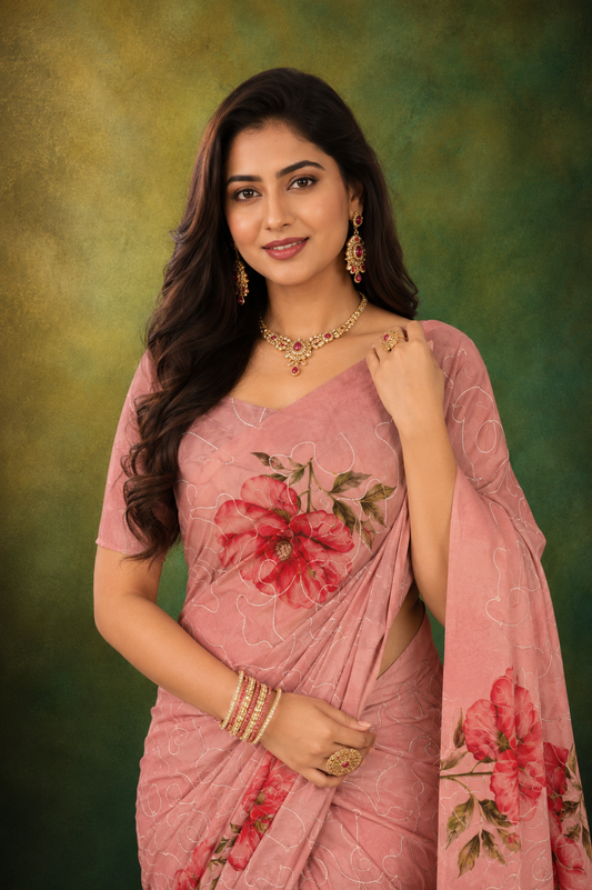 Light Pink Organza Embroidery Floral Saree