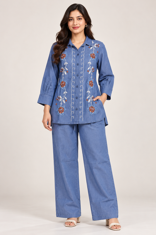 Women's Denim Blue Floral Embroidered Co-Ord Set