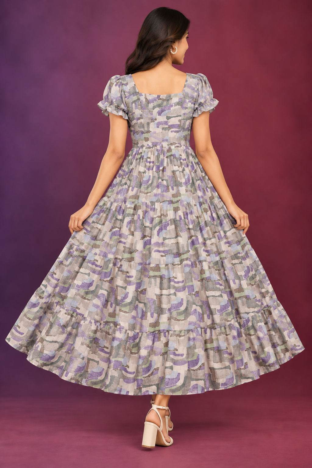 Lavender Grey Abstract Print Tiered Maxi Dress