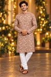 Men's Brown Leaf Printed Long Sleeve Kurta