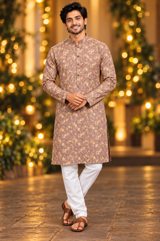 Men's Brown Leaf Printed Long Sleeve Kurta