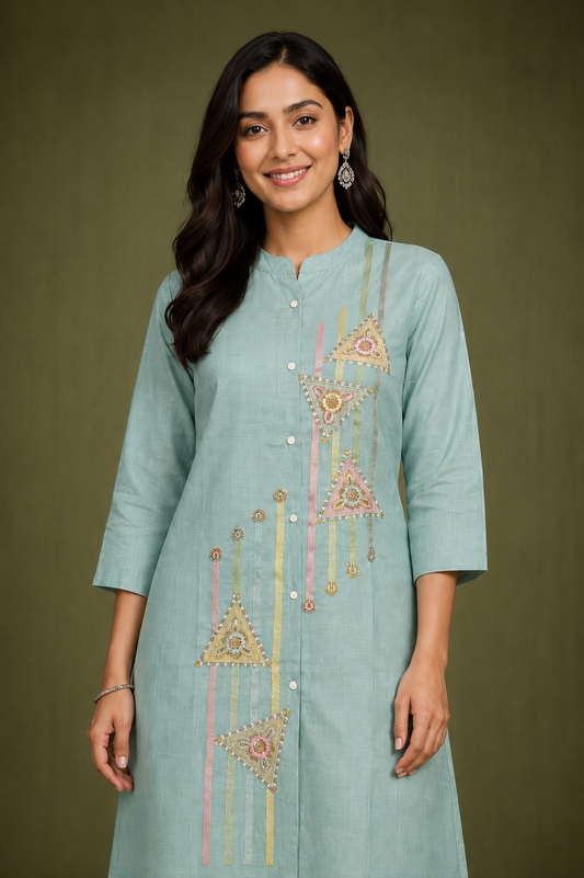 Aqua Blue Geometric Embroidered Kurta Pant Set