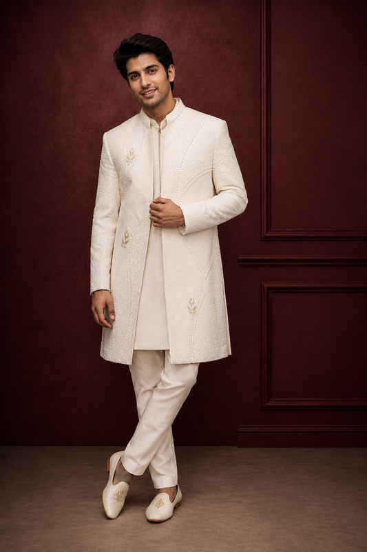 Ivory Textured Indo-Western Sherwani Set