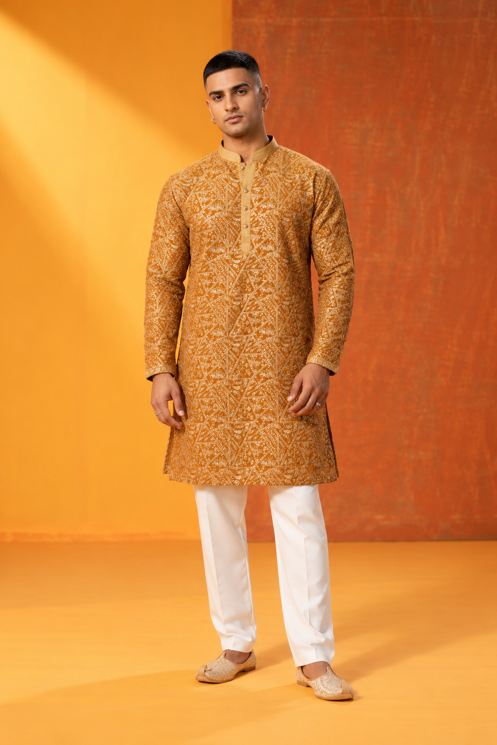 Mustard Gold Embroidered Festive Kurta Set