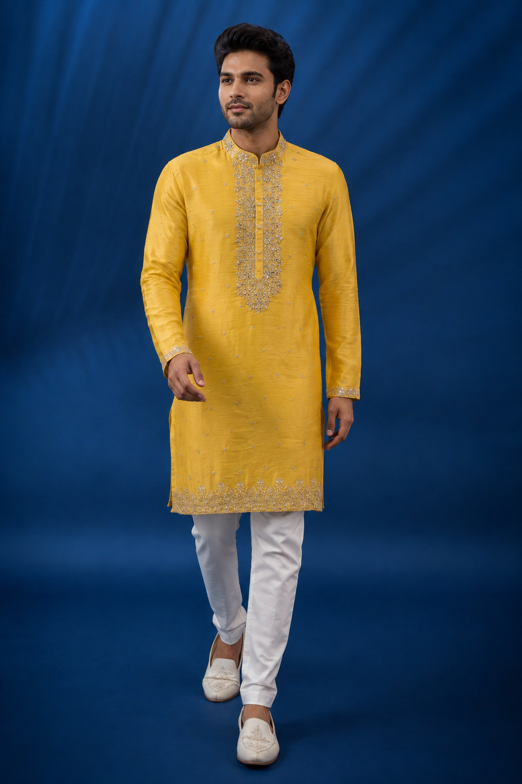 Vibrant Yellow Embroidered Dupion Silk Kurta Set for Men
