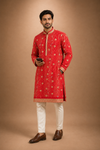 Crimson Red Bandhani Printed & Embroidered Kurta