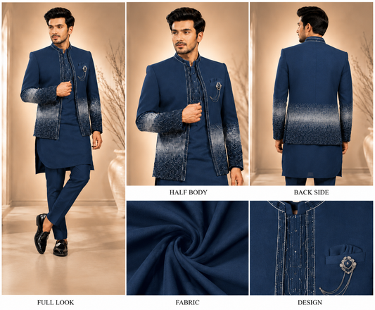 Navy Blue Embellished Indo-Western Kurta Jacket Set