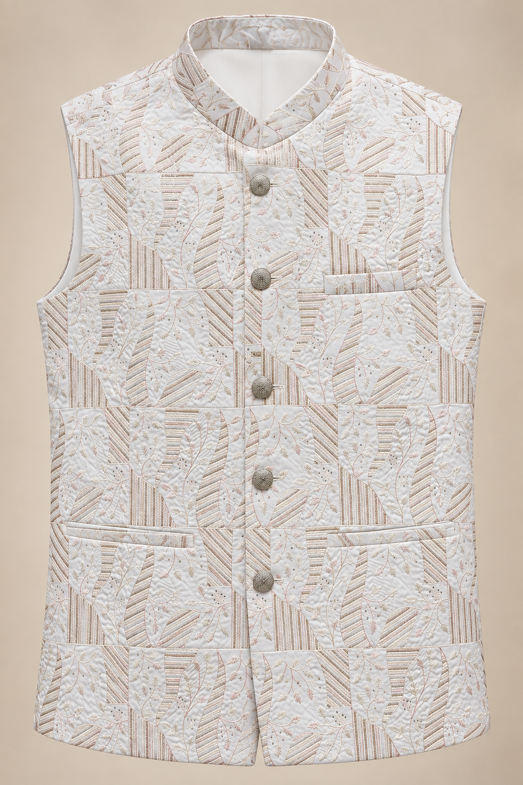 Ivory Geometric Floral Embroidered Nehru Jacket
