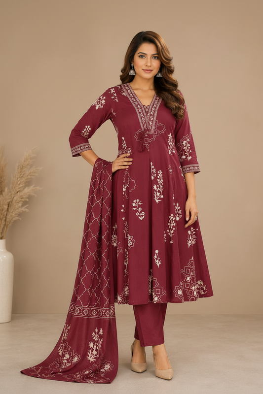 Women’s Printed Anarkali Kurta Pant Dupatta Set