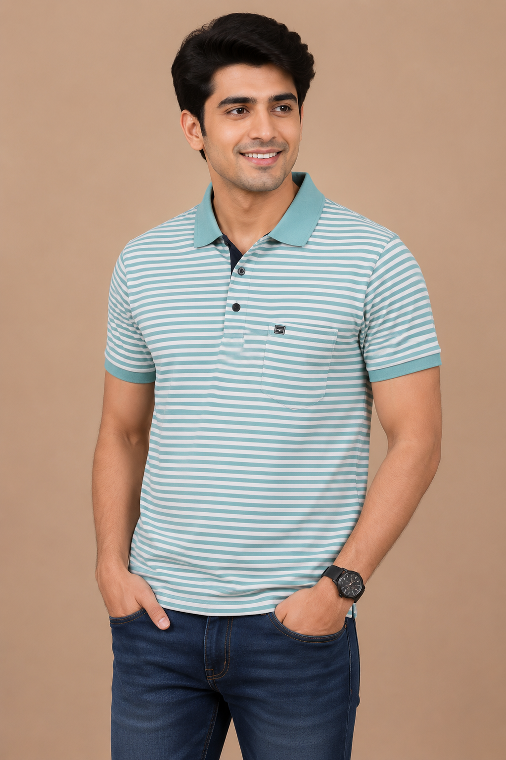 Men’s Mint Green & White Striped Polo T-Shirt