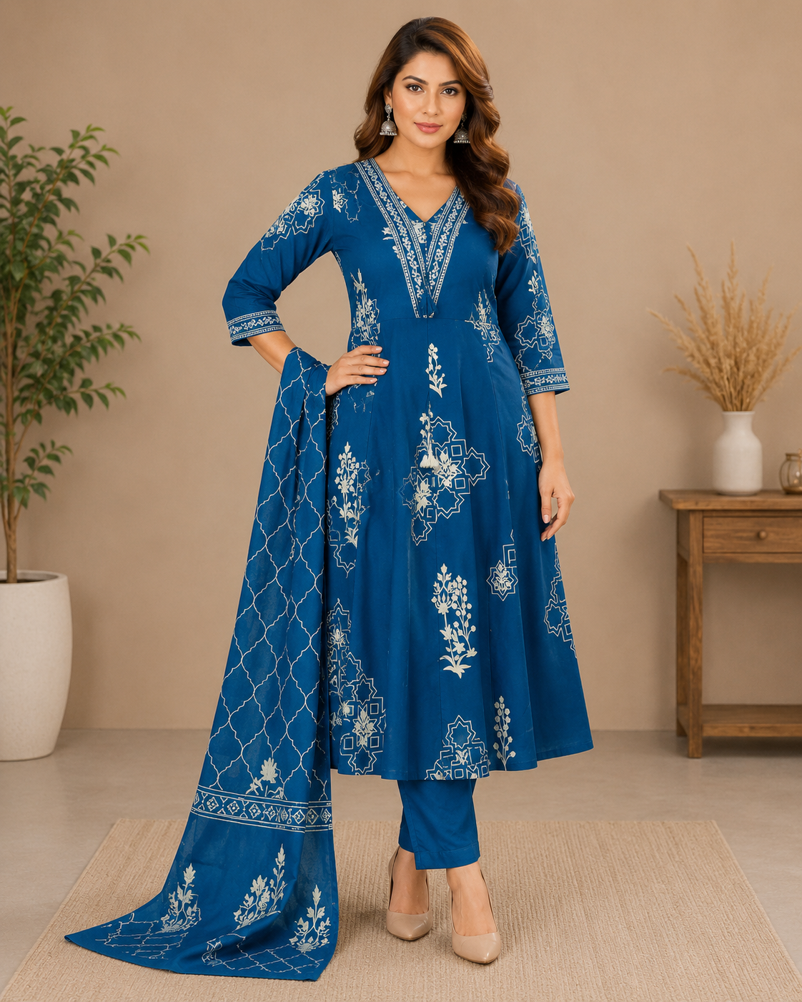 Women’s Printed Anarkali Kurta Pant Dupatta Set