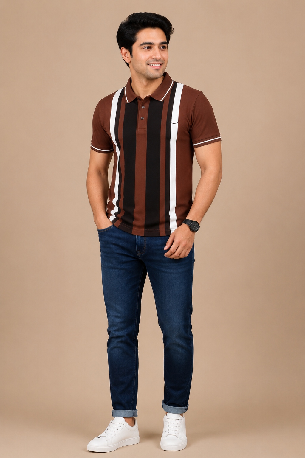 Men’s Coffee Brown Vertical Stripe Polo T-Shirt