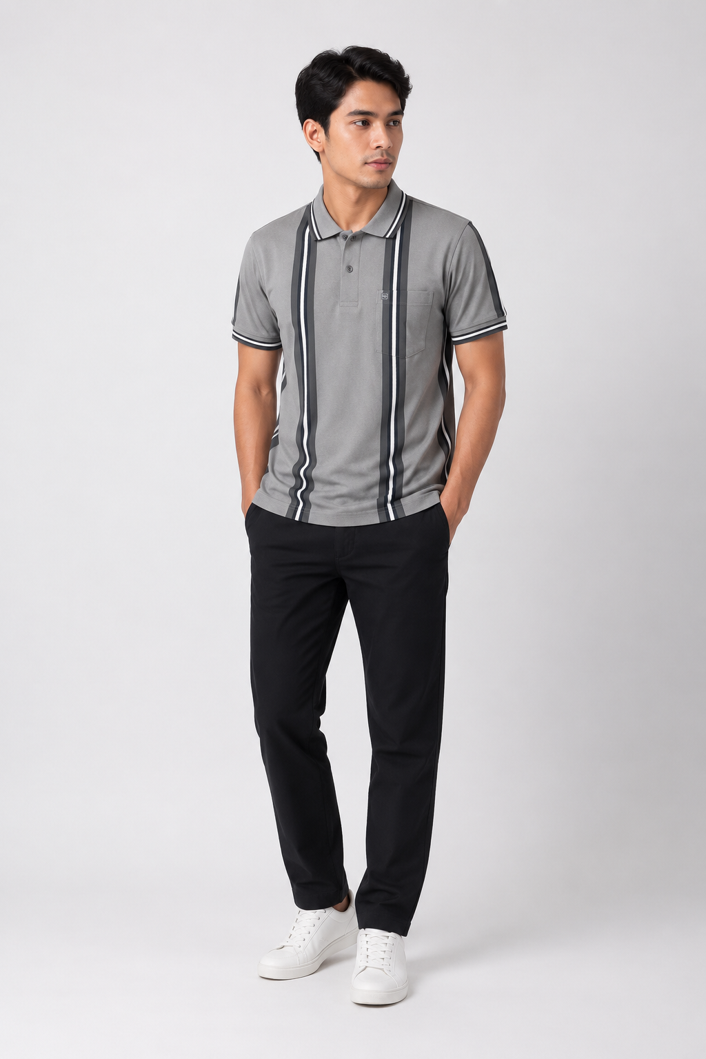 Men’s Grey Vertical Stripe Polo T-Shirt