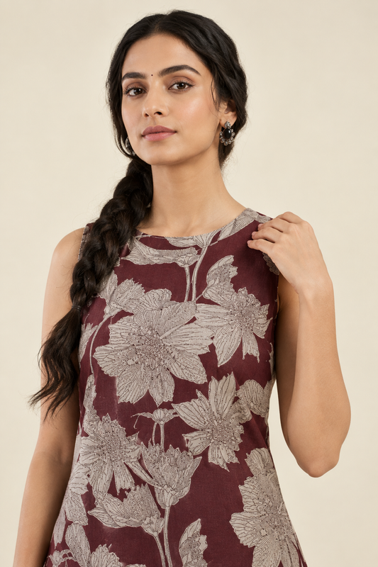 Maroon Floral Printed Sleeveless A-Line Co-Ord Set