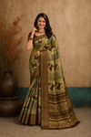 Elegant Beige & Brown Abstract Printed Blend Saree with Rich Golden Zari Border