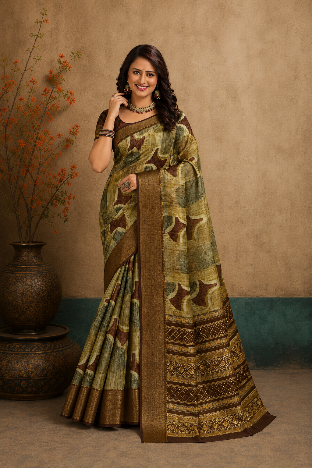 Elegant Beige & Brown Abstract Printed Blend Saree with Rich Golden Zari Border