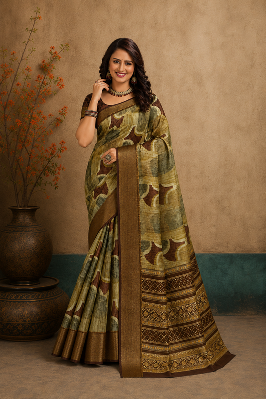 Elegant Beige & Brown Abstract Printed Blend Saree with Rich Golden Zari Border