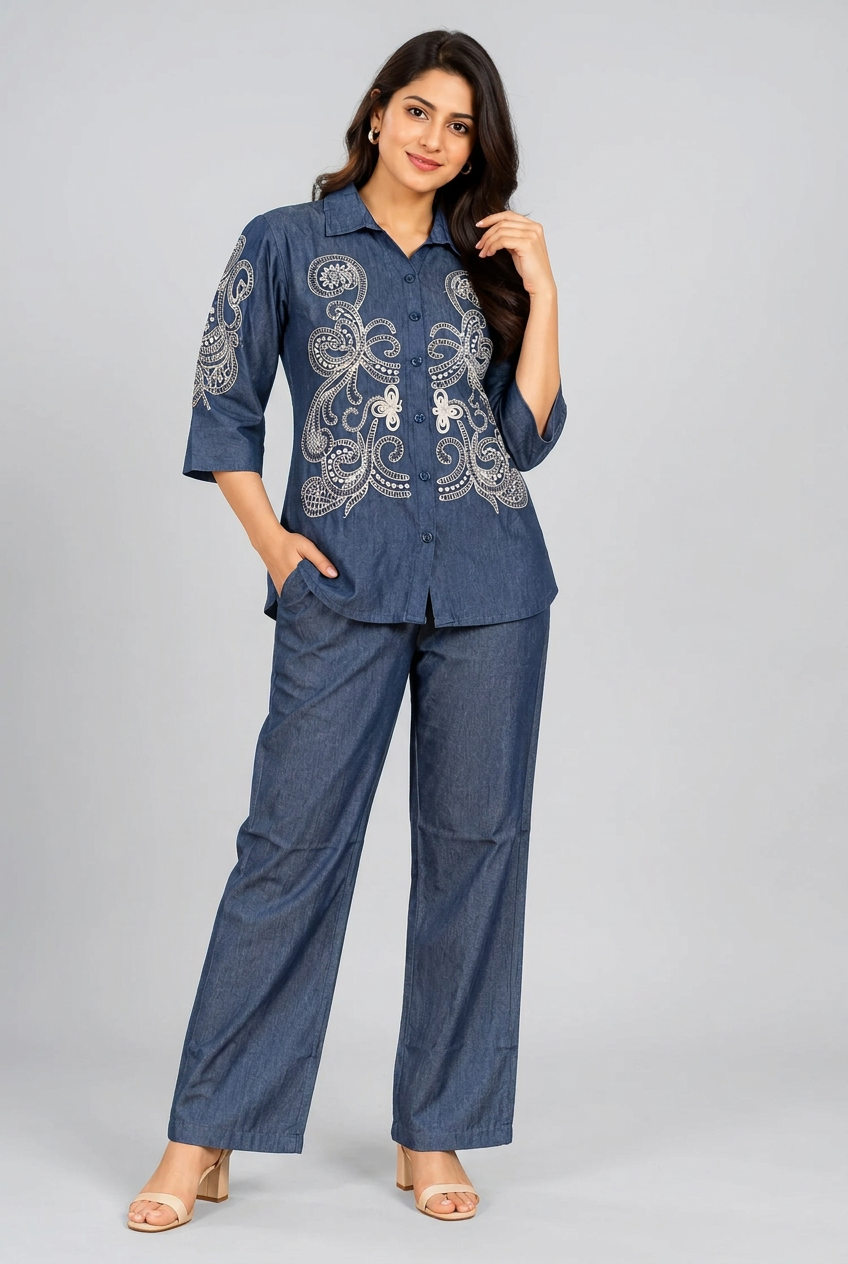 Women's Denim Blue Embroidered Co-Ord Set