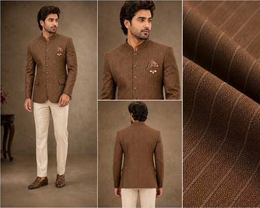 Brown Striped Jodhpuri Bandhgala Jacket Set