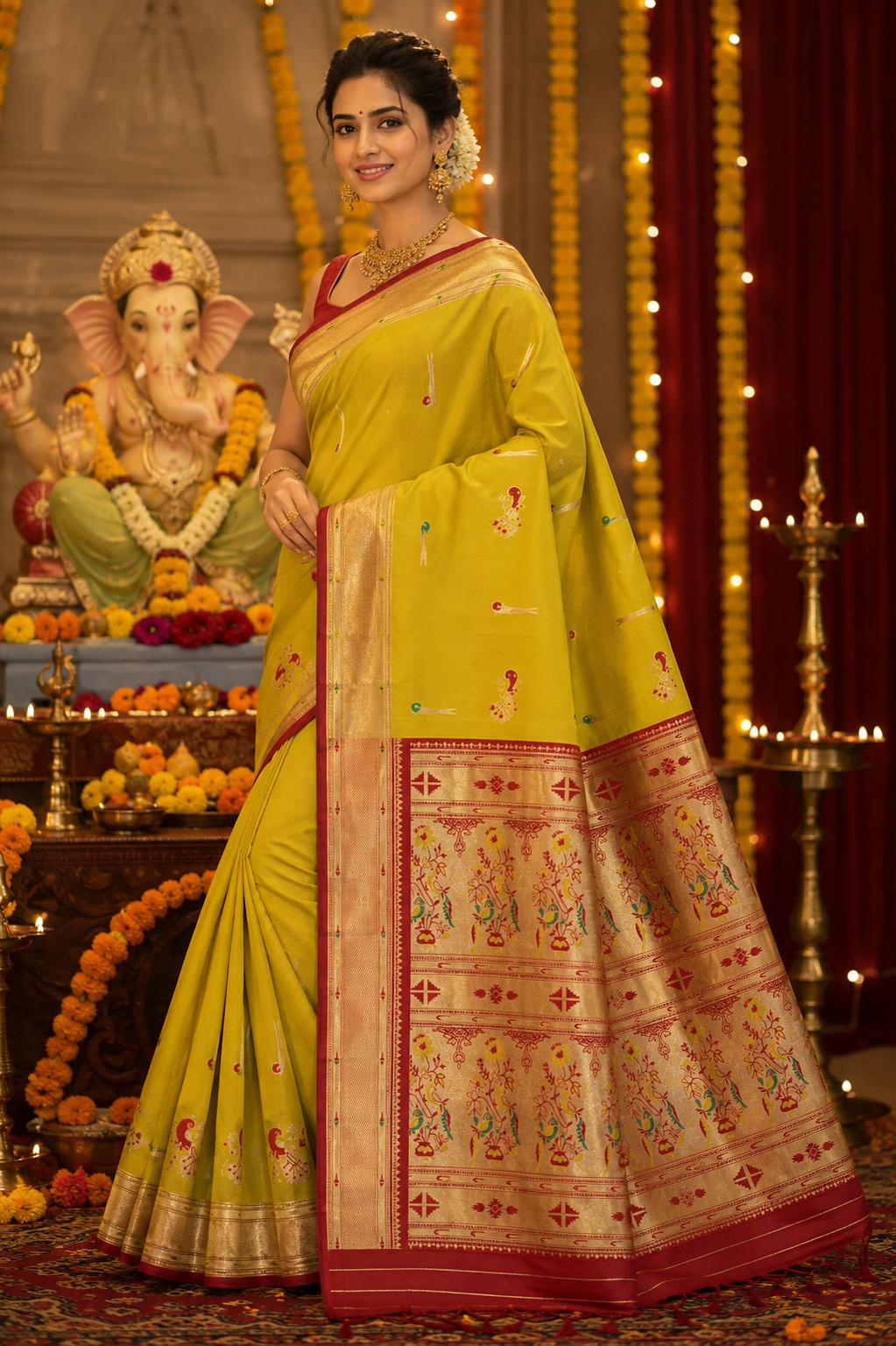 Festive Lime Green Paithani Silk Saree with Traditional Peacock Pallu