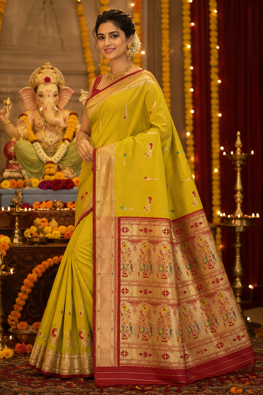 Festive Lime Green Paithani Silk Saree with Traditional Peacock Pallu