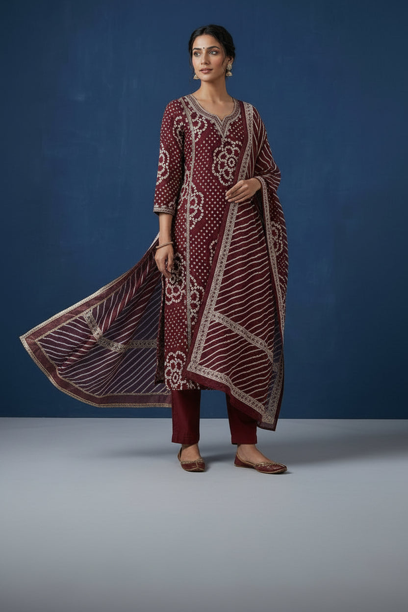 Women’s Maroon Bandhani Print Kurta Pant with Printed Dupatta Set
