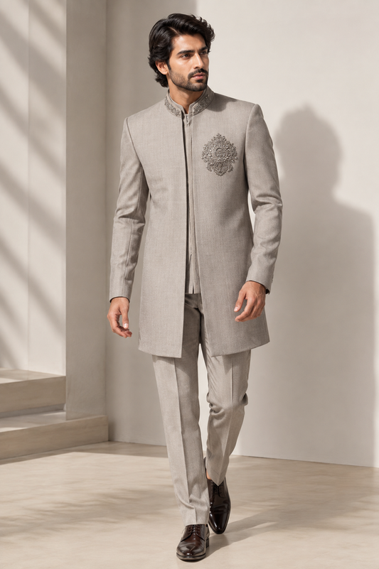 Light Grey Embroidered Indo-Western Jodhpuri Suit
