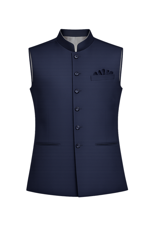 Men's Navy Blue Solid Nehru Jacket | Premium Ethnic Waistcoat for Weddings & Festive Wear