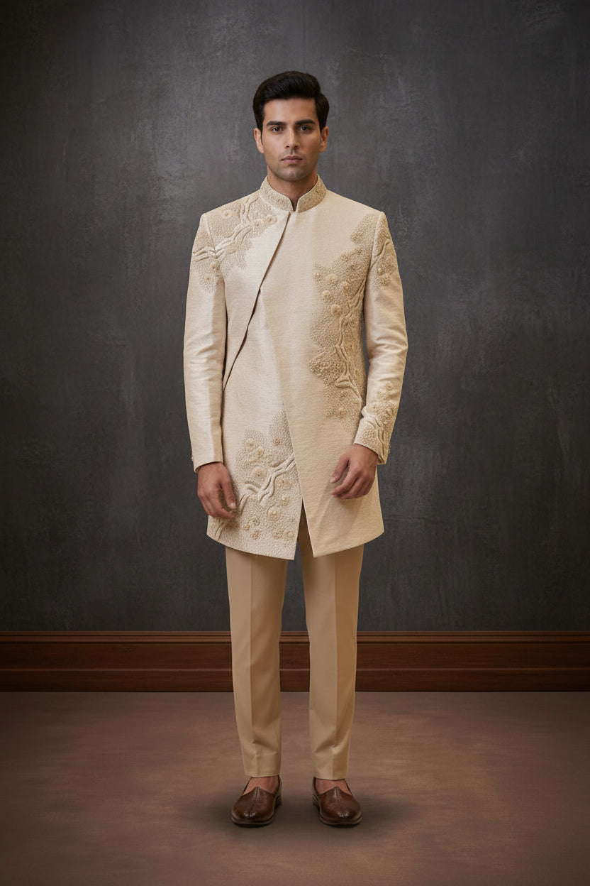 Men’s Ivory Embroidered Indo-Western Sherwani Set