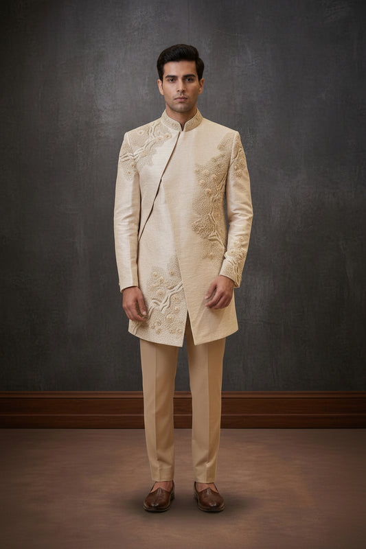 Men’s Ivory Embroidered Indo-Western Sherwani Set