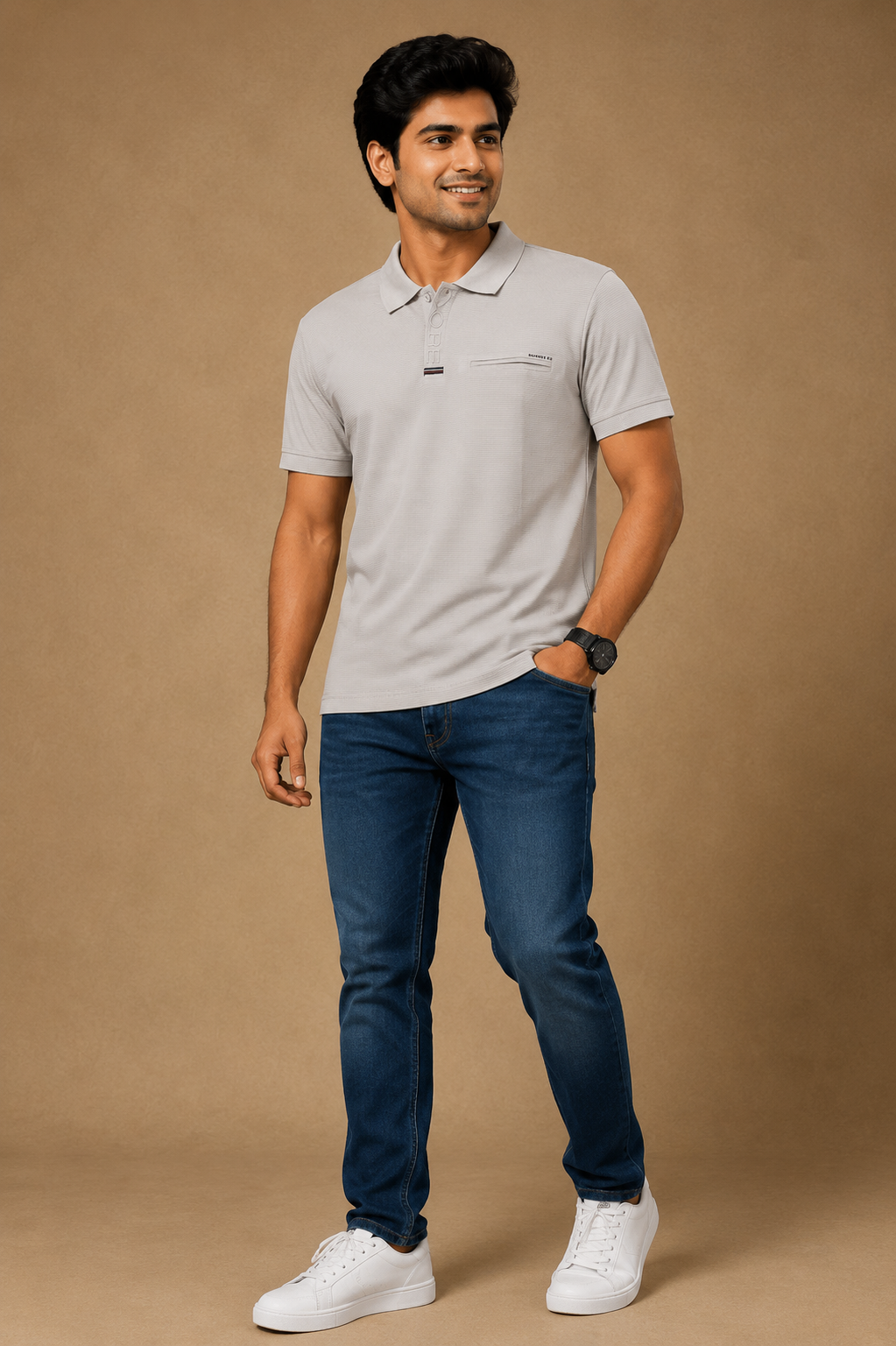 Men's Light Grey Textured Polo T-Shirt