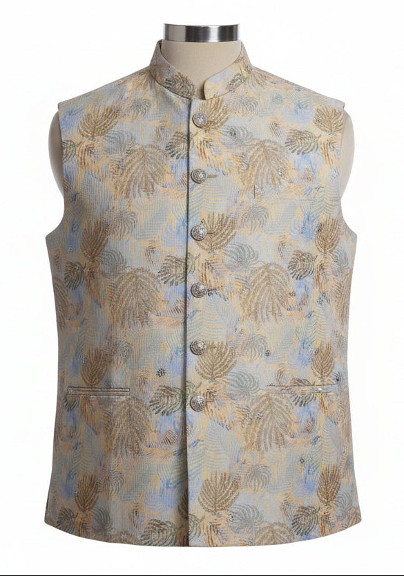 Premium Golden Floral Jacquard Nehru Jacket