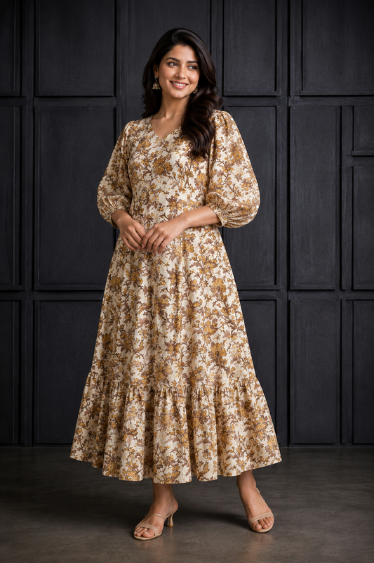 Ivory Beige Floral Printed Flared Maxi Dress