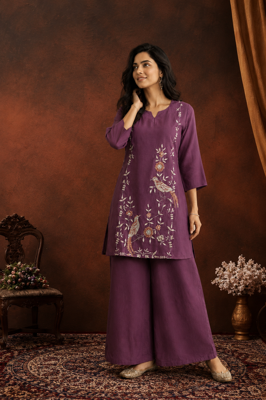 Purple Chanderi Embroidered  co-ord set