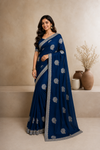Elegant  Embroidered Saree with Silver Zari Border