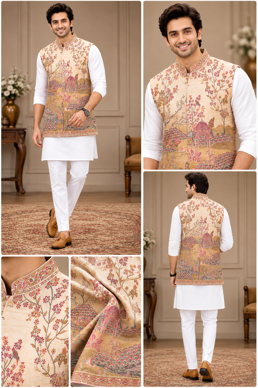 Beige Heritage Printed Nehru Jacket