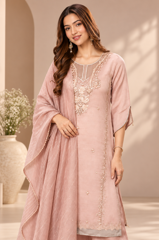 Dusty Pink Embroidered Palazzo Suit Set