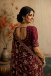 Elegant Wine Embroidered Organza Saree with Intricate Floral Sequins Work