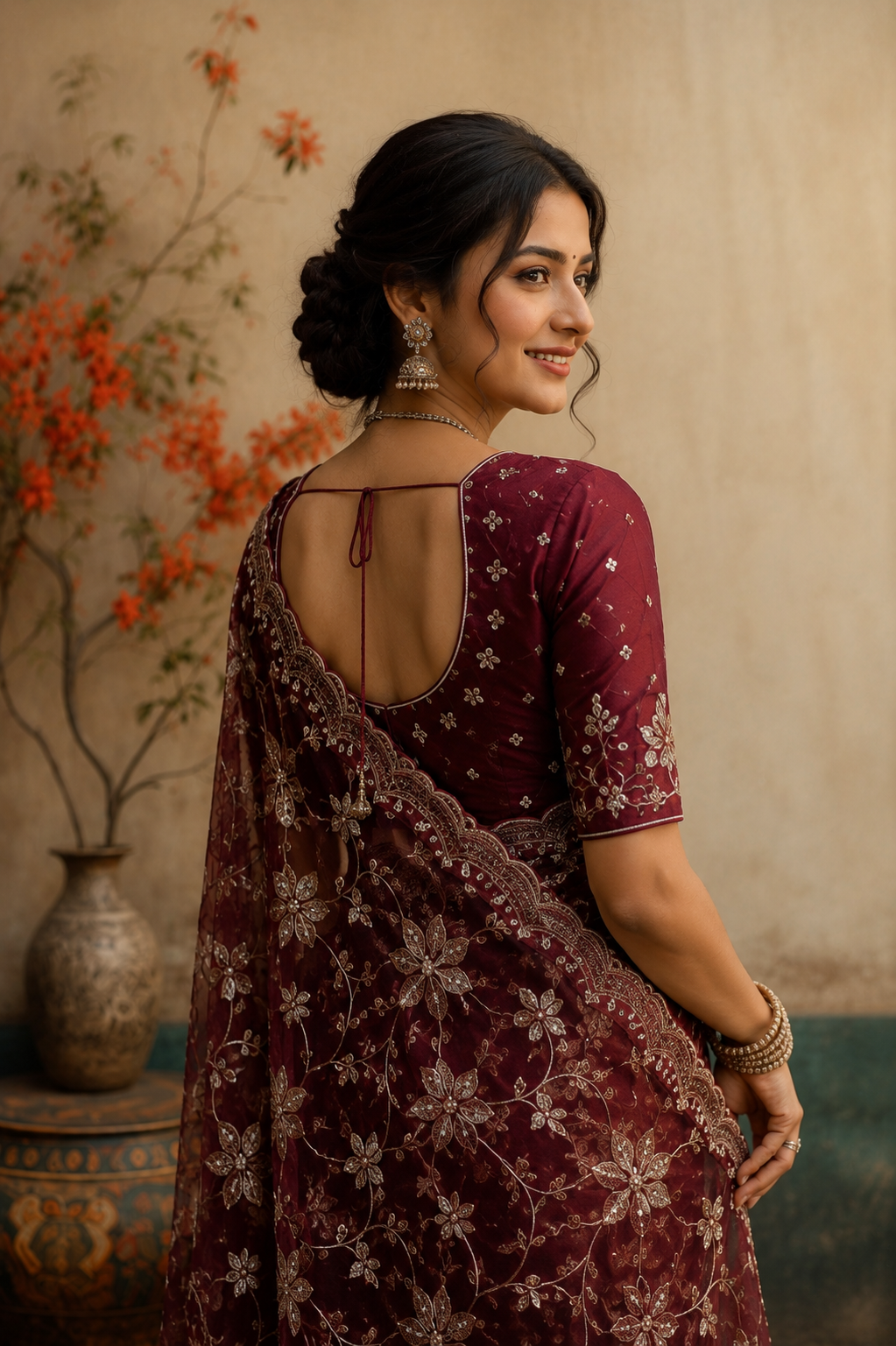Elegant Wine Embroidered Organza Saree with Intricate Floral Sequins Work