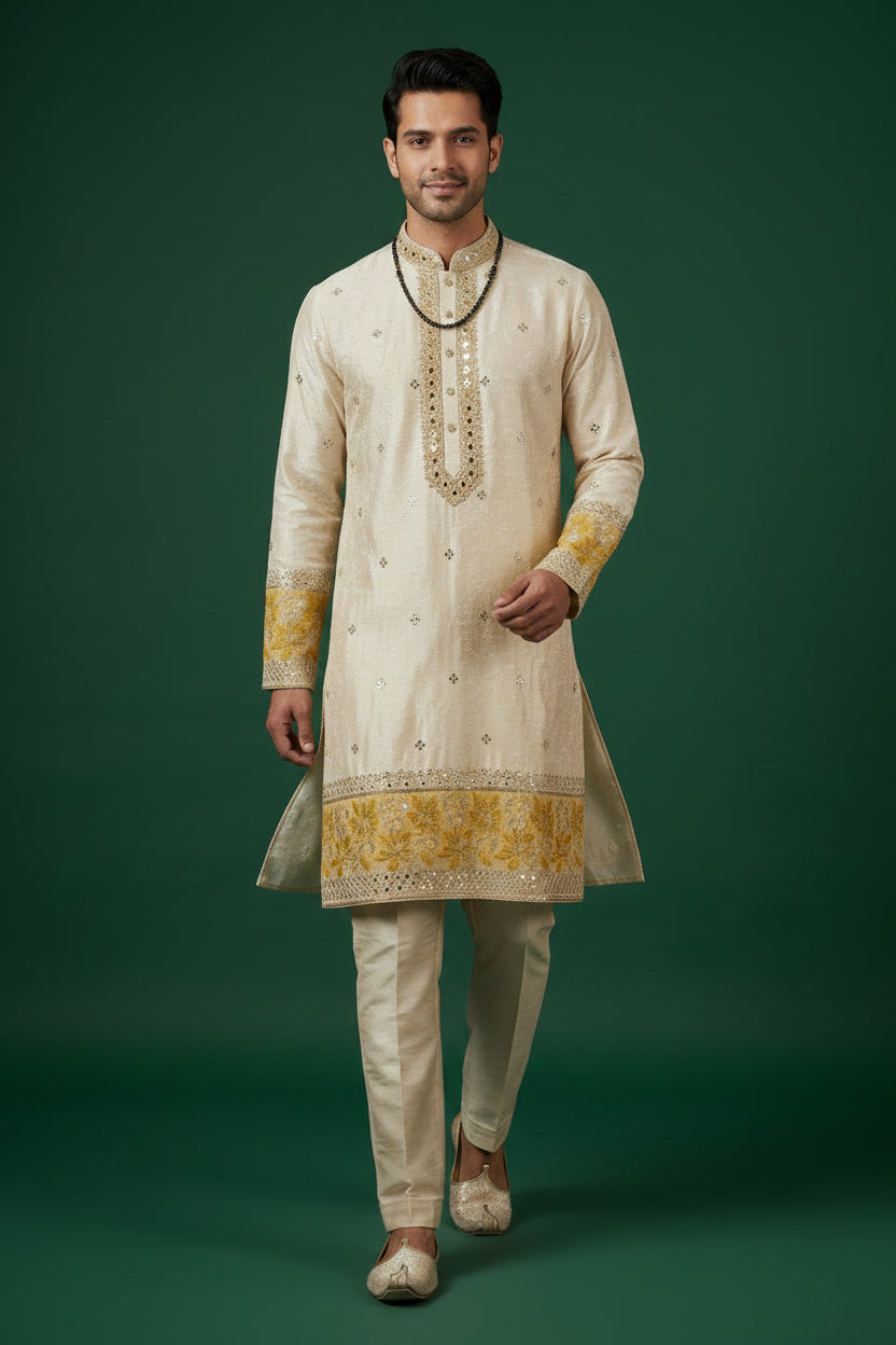 Men’s Ivory & Gold Embroidered Festive Kurta
