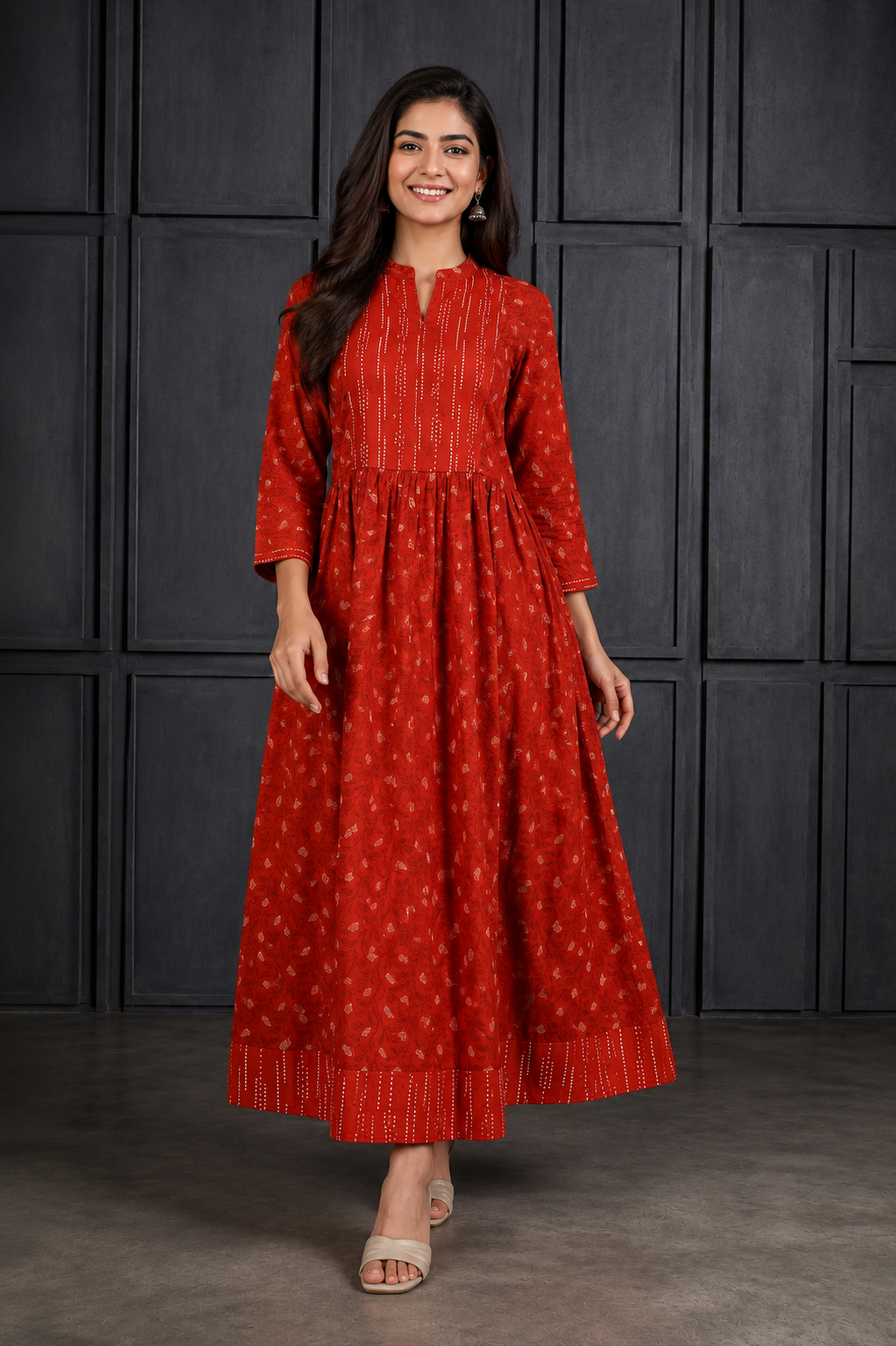 Red Printed Flared Anarkali Maxi Dress