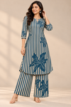 Elegant Teal Blue Striped Floral Print Kurta Palazzo Set
