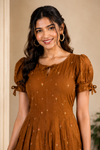 Rust Brown Embroidered Fit & Flare Midi Dress