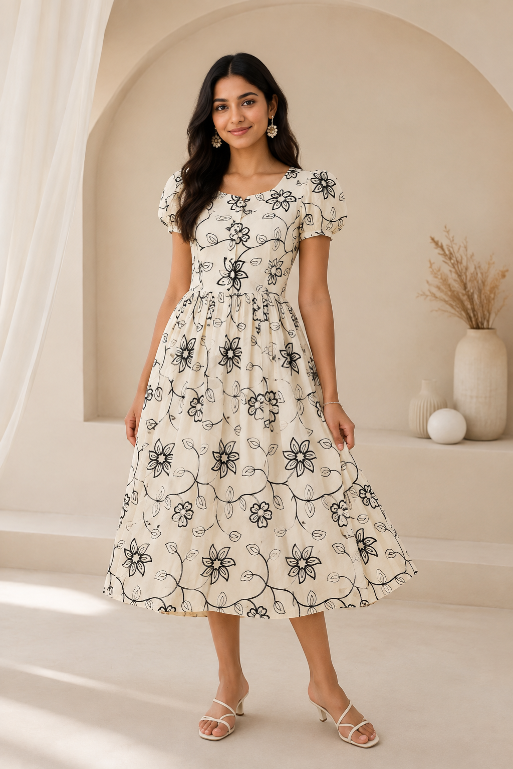 Women’s Beige Embroidered Flared Midi Dress with 3/4 Sleeves