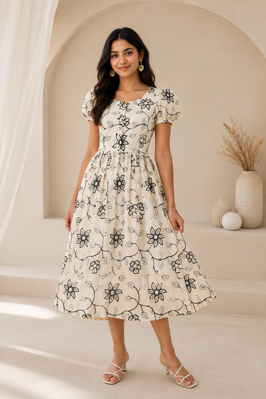Women’s Beige Embroidered Flared Midi Dress with 3/4 Sleeves