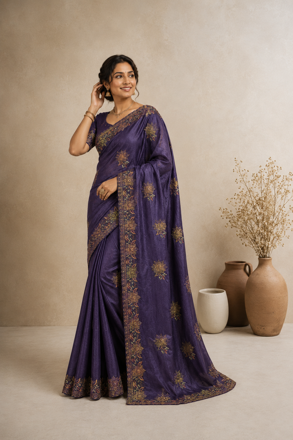 Embroidered Silk Blend Saree with Elegant Floral Zari Border
