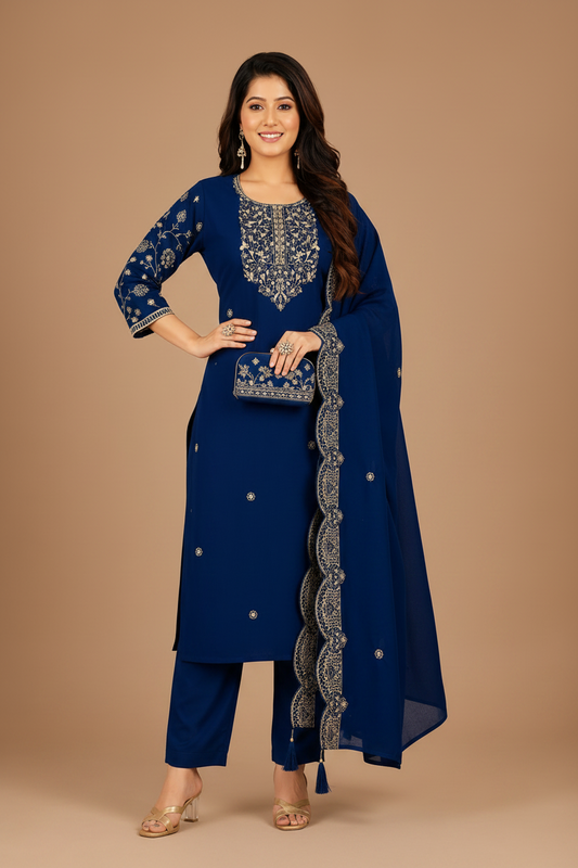 Women's Royal Blue Embroidered Kurta Pant & Dupatta Set