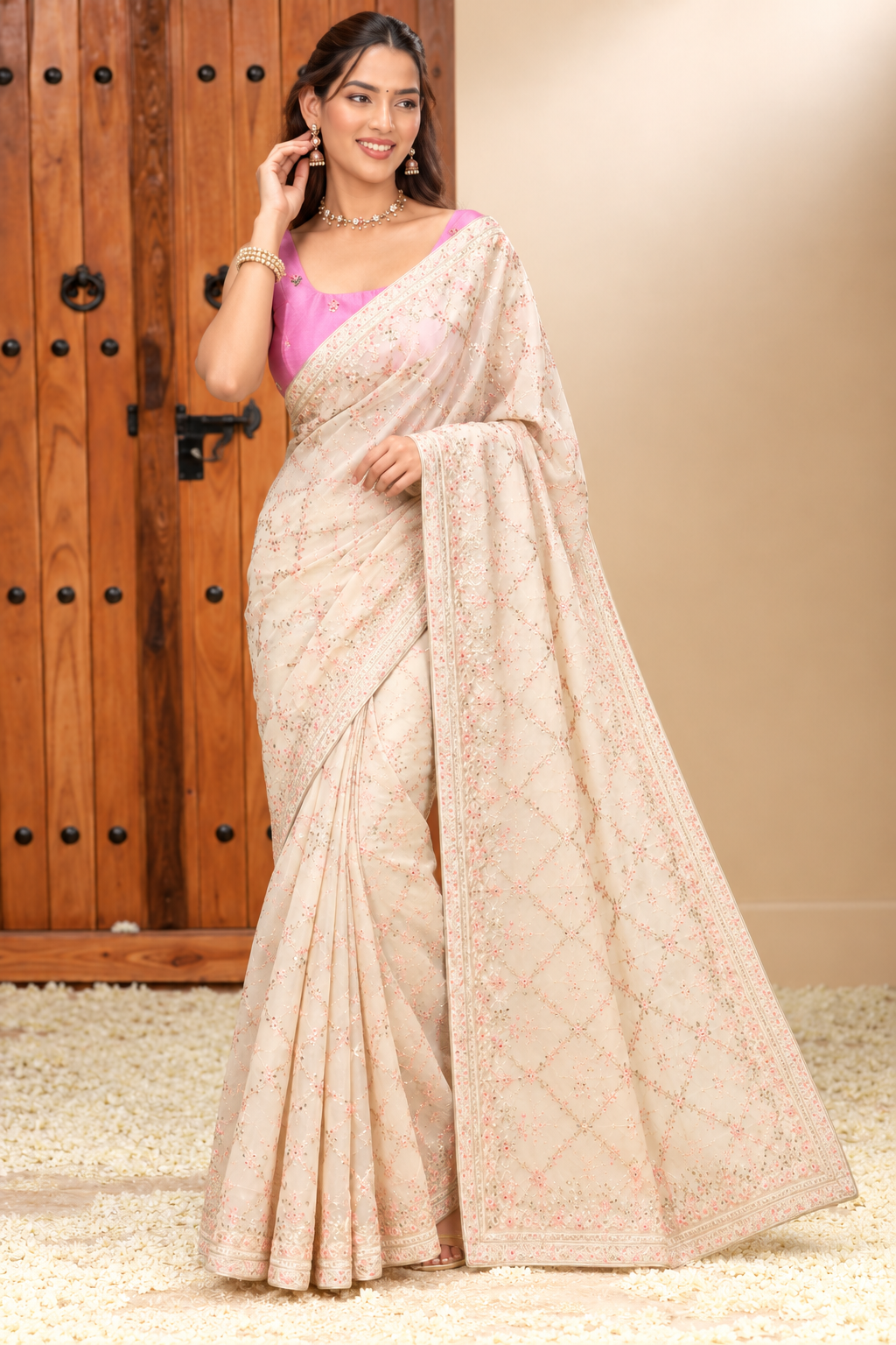 Ivory Blush Embroidered Saree