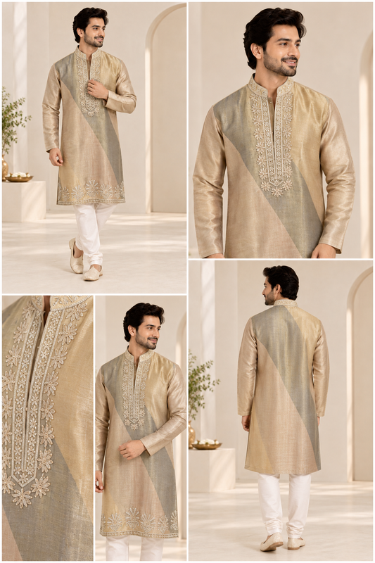 Men’s Beige & Taupe Embroidered Festive Kurta Set